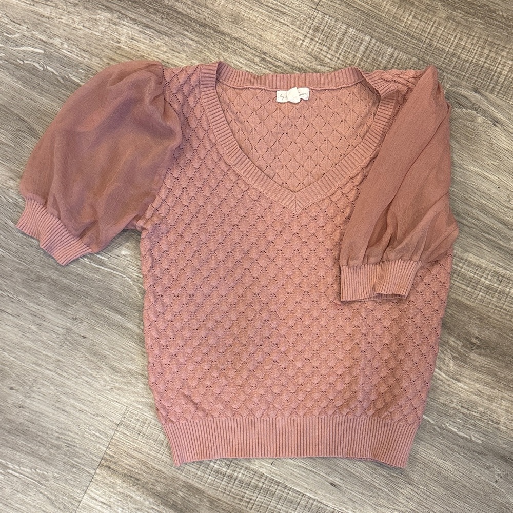 Women's Mauve Puff-Sleeve V-Neck Sweater Top